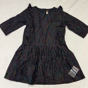 Tea Collection Black Rainbow Stripes Dress Size 7 NWOT